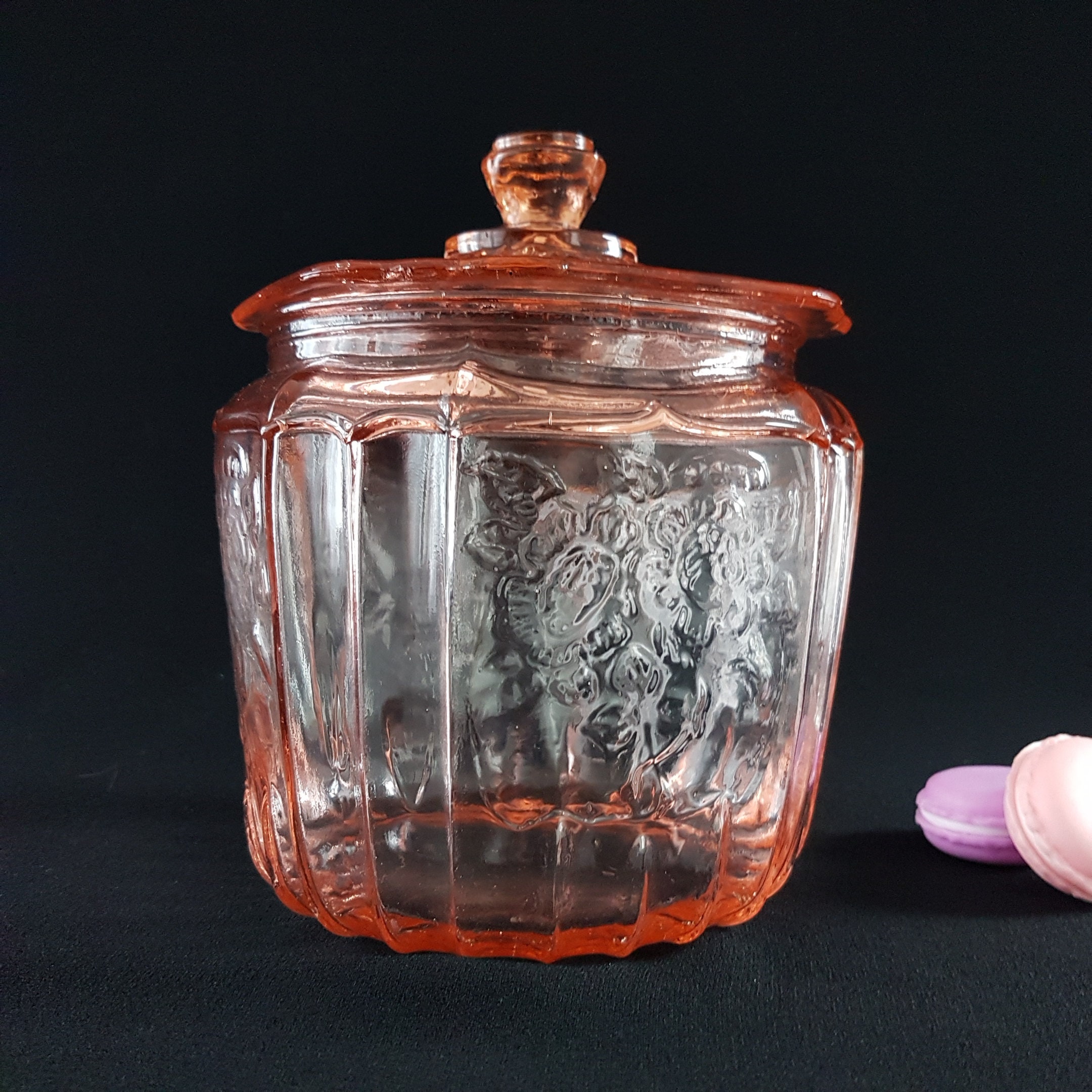 Sold at Auction: VINTAGE CABBAGE ROSE PINK GLASS BISCUIT JAR