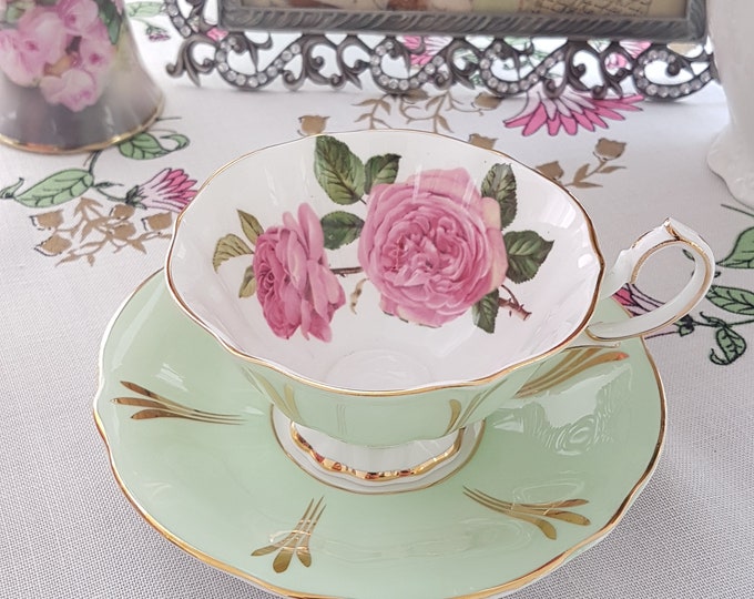 Vintage Queen Anne Tea Cup and Saucer, Pale Green Wide Mouth Cup with Pink Roses, Made in England, 1950s