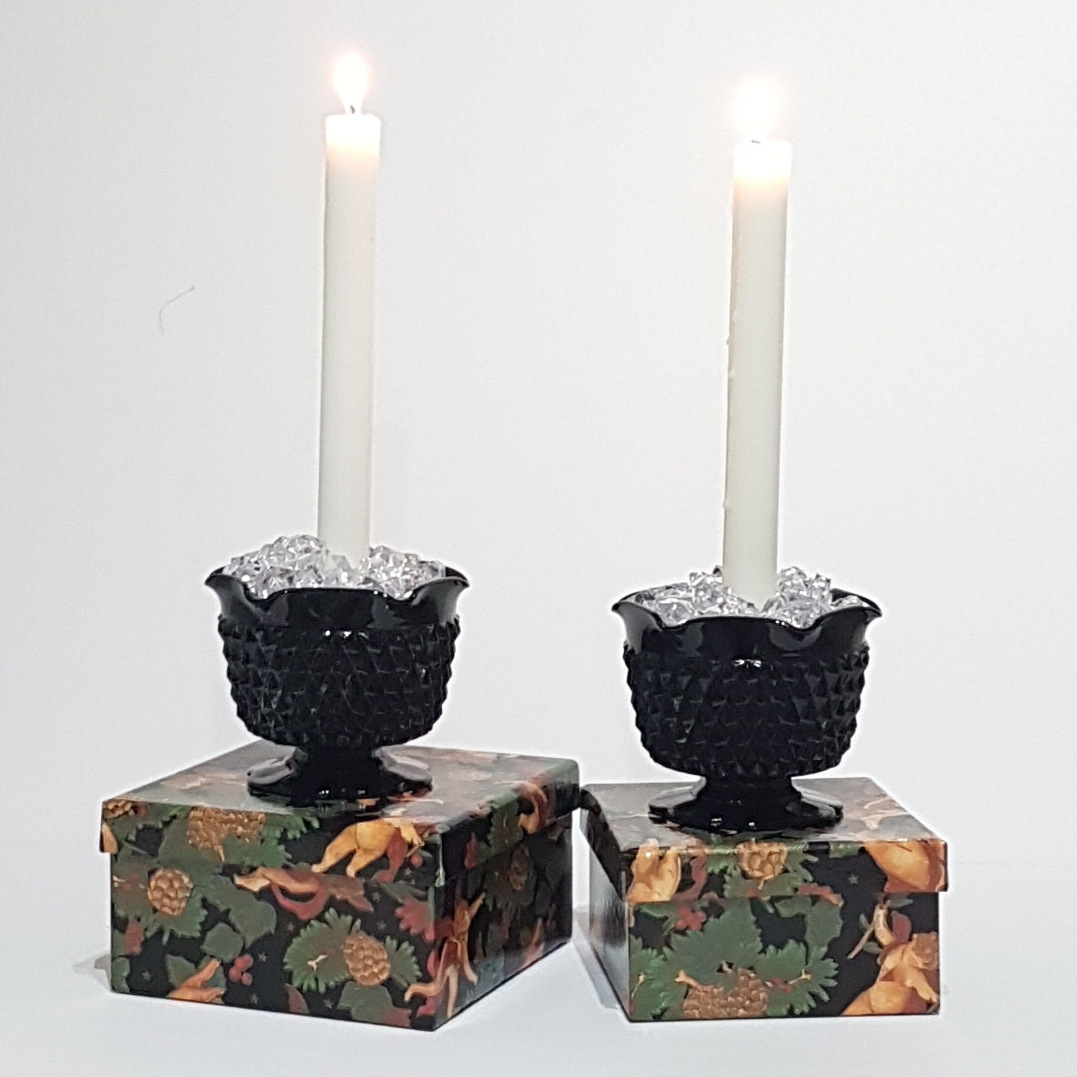 Pair of Candlestick Holders, Indiana Glass Cameo Black Diamond Point