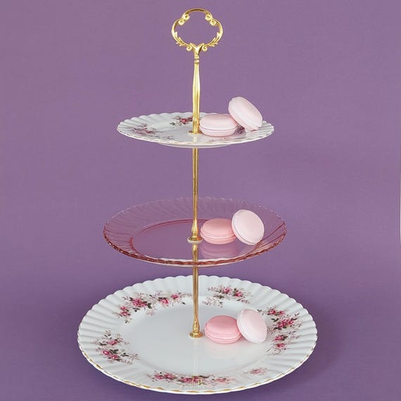 Royal Albert Lavender Rose 3-Tier Cake Stand, Pink Glass Vintage Afternoon Tea Tray