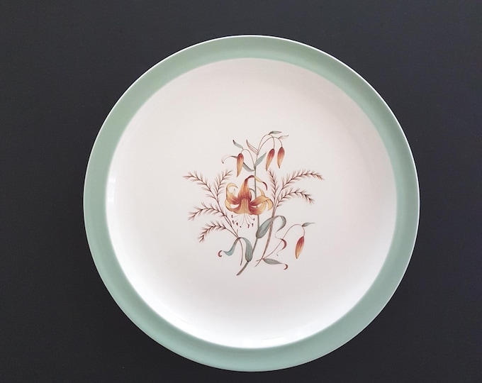 2pc Wedgwood Tiger Lily Dinner Plates with Aqua Blue Band,  Made in England, 1950s