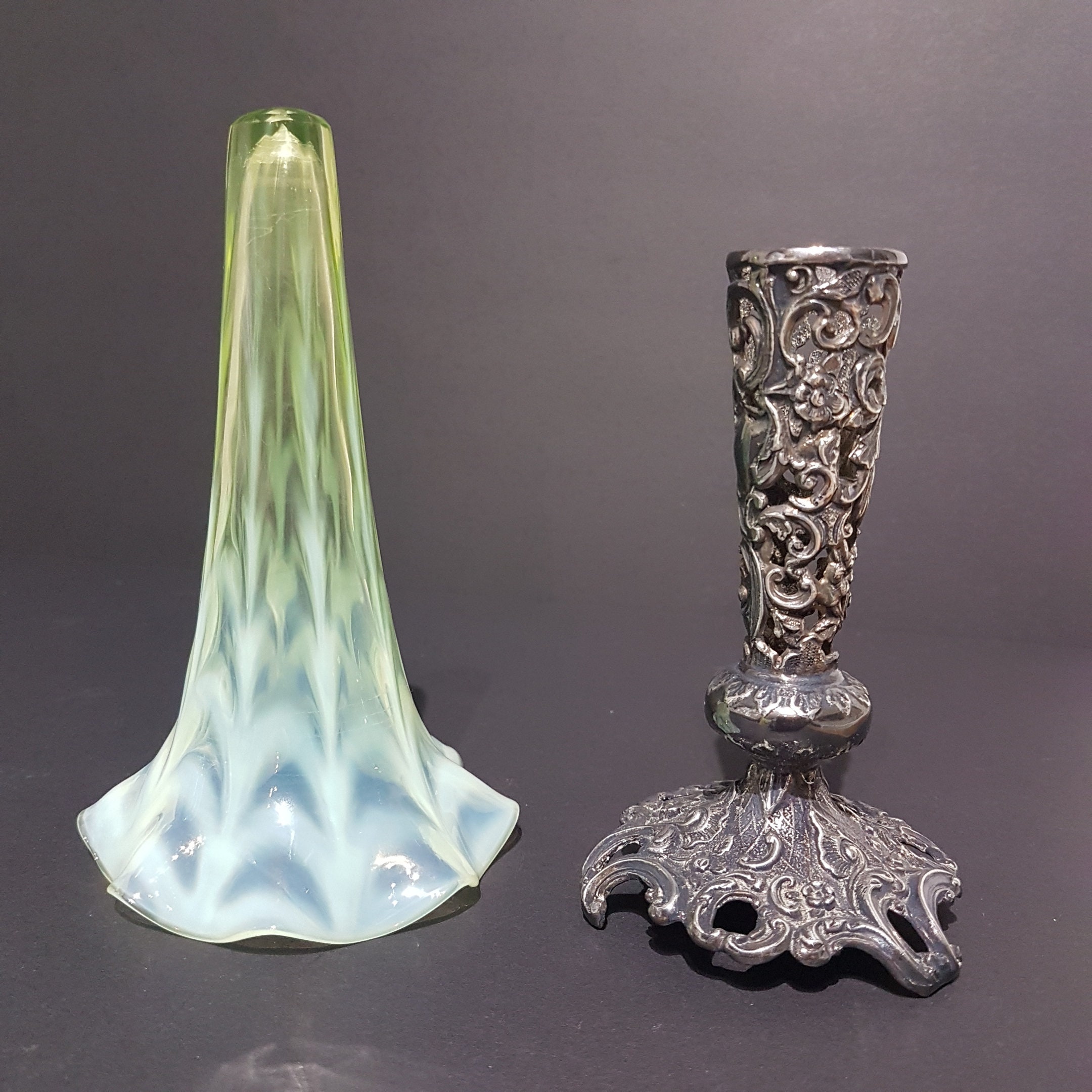 Vintage Trumpet Bud Vase Green & White Art Glass Insert with Metal