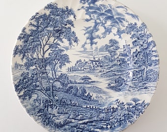 Ridgway Pottery MEADOWSWEET Blue Transferware Platos llanos de piedra de hierro, 9,75 pulgadas, juegos de 2, fabricados en Inglaterra, década de 1970