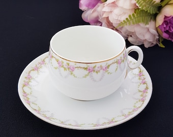 Antique RK Austria Tea Cup and Saucer: Pink Roses Porcelain