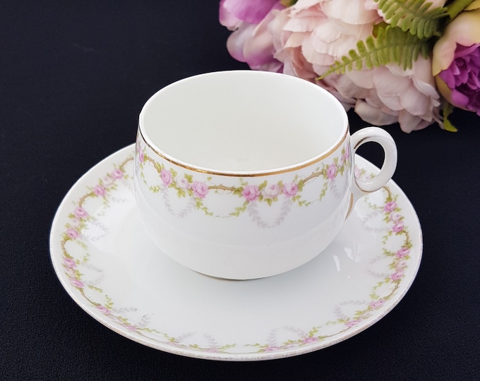 Antique Tea Cup and Saucer, RK Austria Porcelain, Pink Roses with Green Grey Leaf Pattern