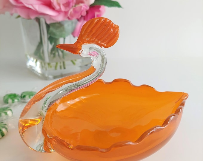 Hand Blown Murano Style Art Glass Orange Swan Candy Dish