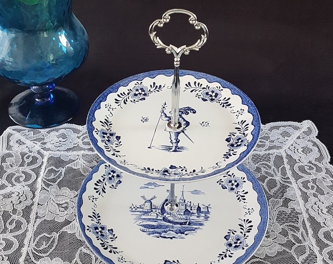 2 Tier Irontone Cake Stand, Johnson Brothers HOLLAND Blue Dutch Scenes, Nautical Decor Serving Tray