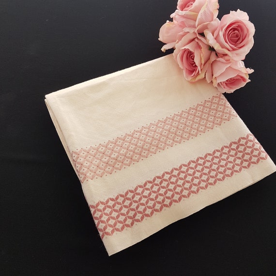 Vintage German Irisette Dralon 48-inch Square Tablecloth Pink Hand Embroidered Off-White Cottage Chic