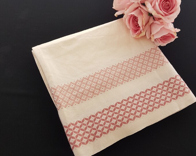 Vintage Irisette Dralon Germany Tablecloth, 48 inch Square, Pink Hand Embroidery on Off-White