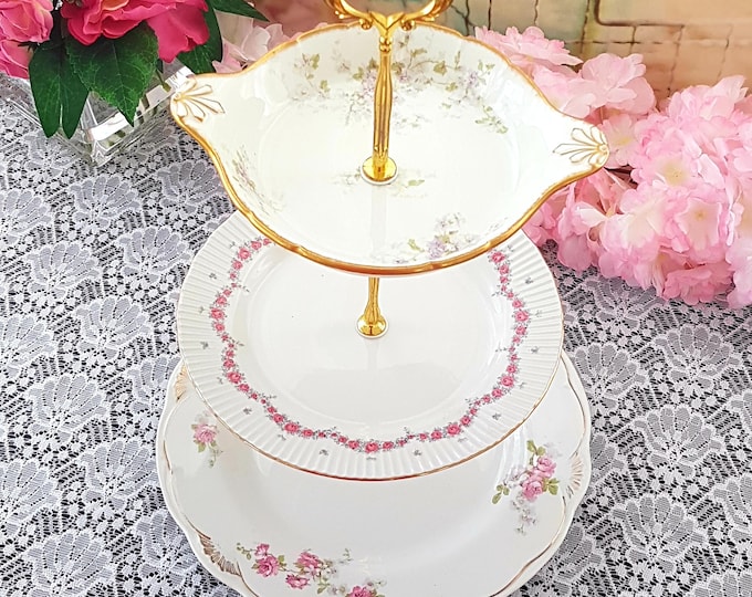 Handmade 3 Tier Cake Stand, Unique Pink Mauve Floral Tiered Dessert Stand