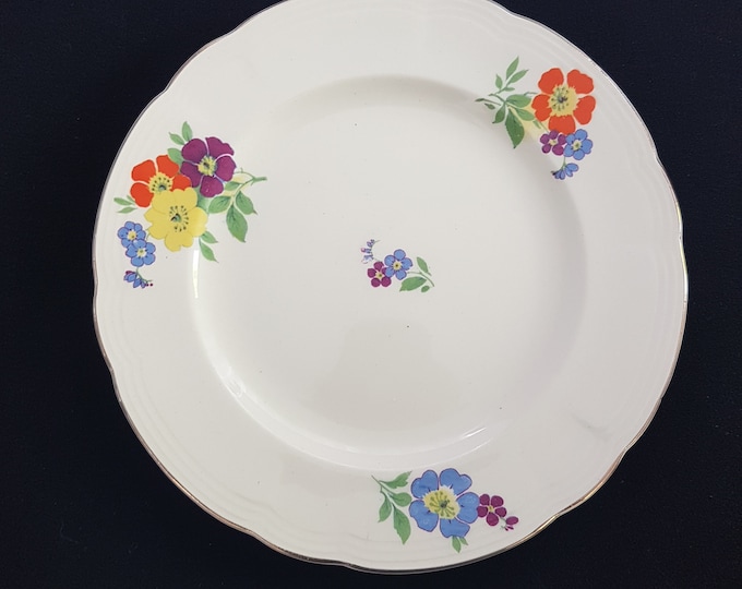 Alfred Meakin FREDA Salad Dessert Plate Set of 4, Hand Painted Art Deco Orange Yellow Flowers, Made in England, 1930s