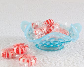Vintage Fenton Blue Opalescent Hobnail Handled Bonbon Dish Candy Bowl Ruffled Art Glass Decor