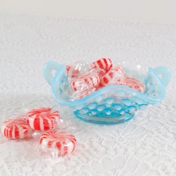Vintage Fenton Blue Opalescent Hobnail Handled Bonbon Dish Candy Bowl Ruffled Art Glass Decor