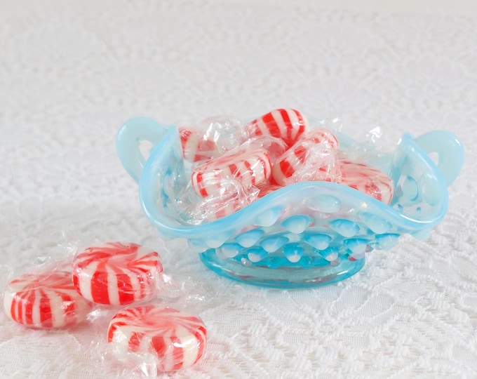 Vintage Fenton Blue Opalescent Hobnail Handled Bonbon Dish Candy Bowl Ruffled Art Glass Decor