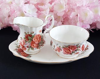 3pc Royal Albert Centennial Rose Bone China Cream Sugar and Tray Set