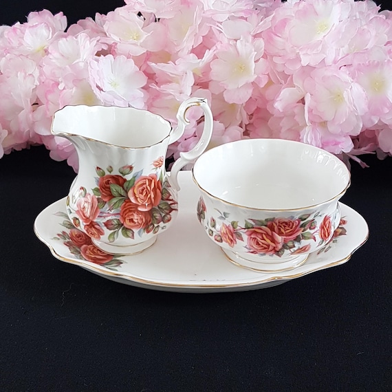 Royal Albert Centennial Rose Creamer Sugar Bowl and Tray Set, Fine Bone China Made in England, Vintage Floral Tea Set