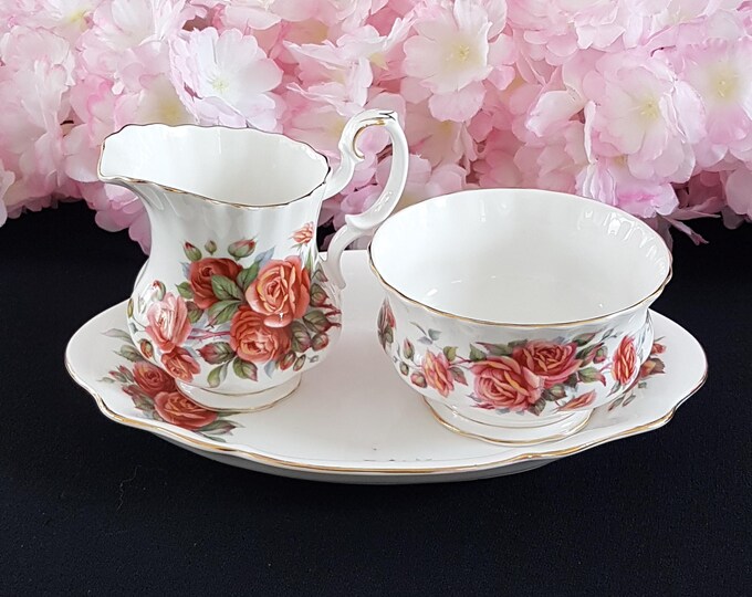 3pc Royal Albert Centennial Rose Bone China Cream Sugar and Tray Set