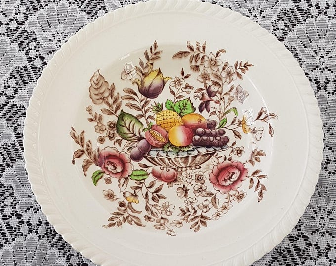 4pc Johnson Brothers PONOMA Rimmed Soup Bowl Set, Windsor Ware Brown Transferware Flowers Fruit in Urn