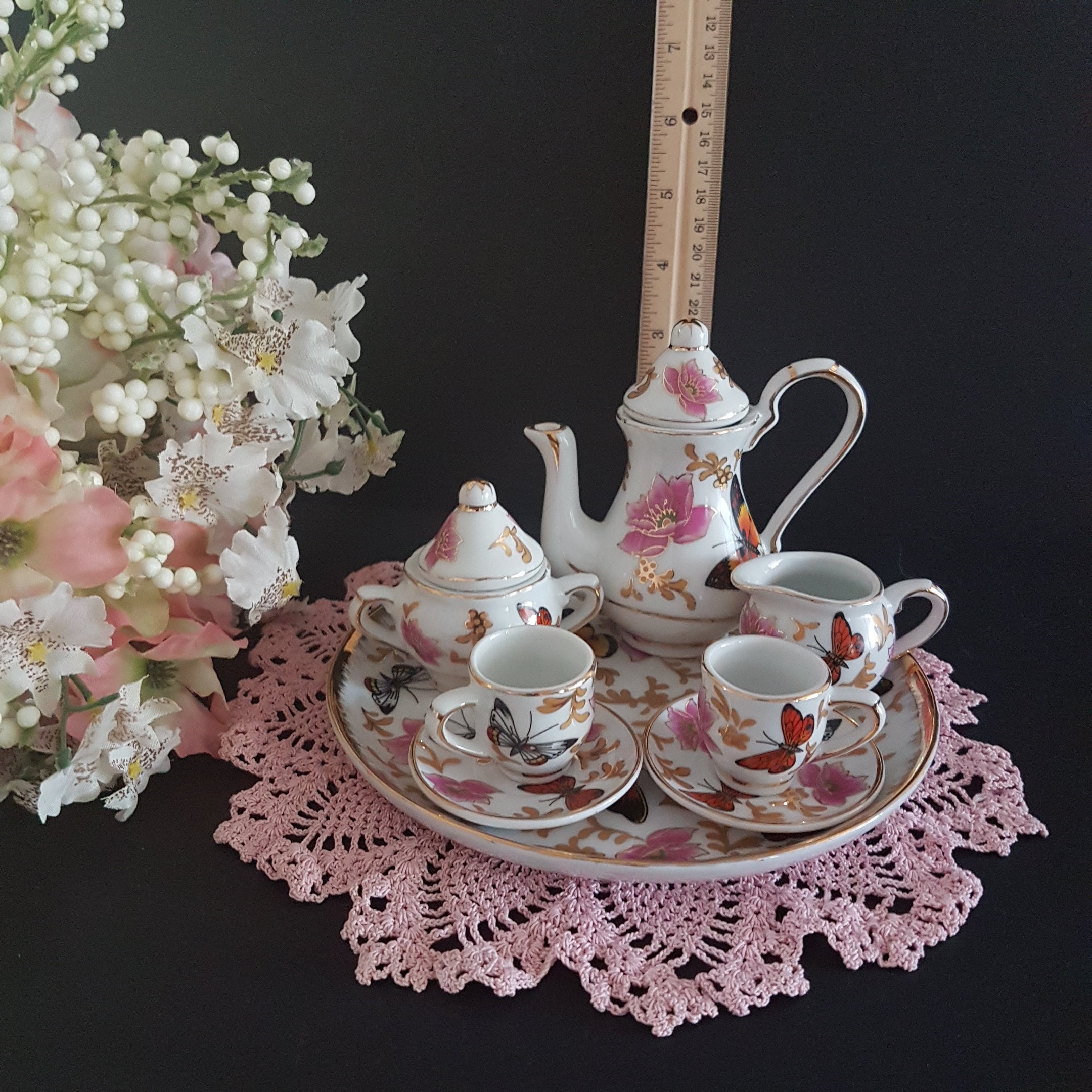 Allison L.L. Fine Porcelain BUTTERFLY Miniature Tea Set for 2