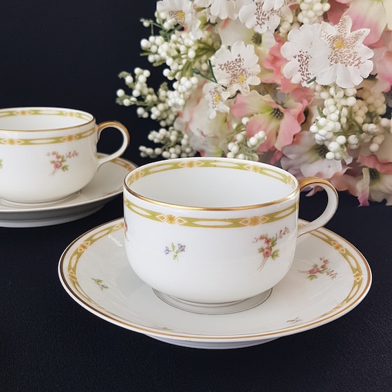 Theodore Haviland Limoges Vintage Tea Cup and Saucer Pink Floral Geometric Band France 1903