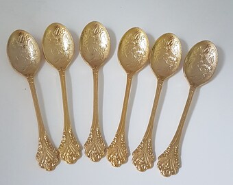 Vintage Demitasse Spoon Set, Stainless Steel Japan, Embossed Floral, Gold Tone, Set of 6,  Afternoon Tea Party