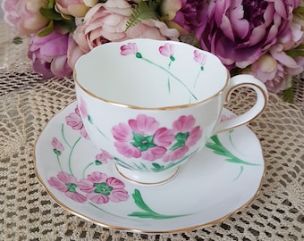 Tea Cup and Saucer, Vintage Radfords Bone China, Hand Painted Pink Flowers, Made in England
