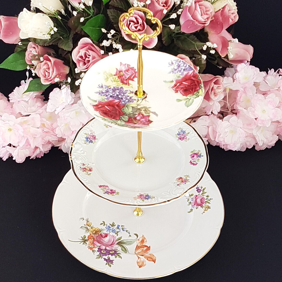Tier Plates 3 Tier Cake Stand Mismatched Floral Tiered Plates Spring Decor Dessert ...