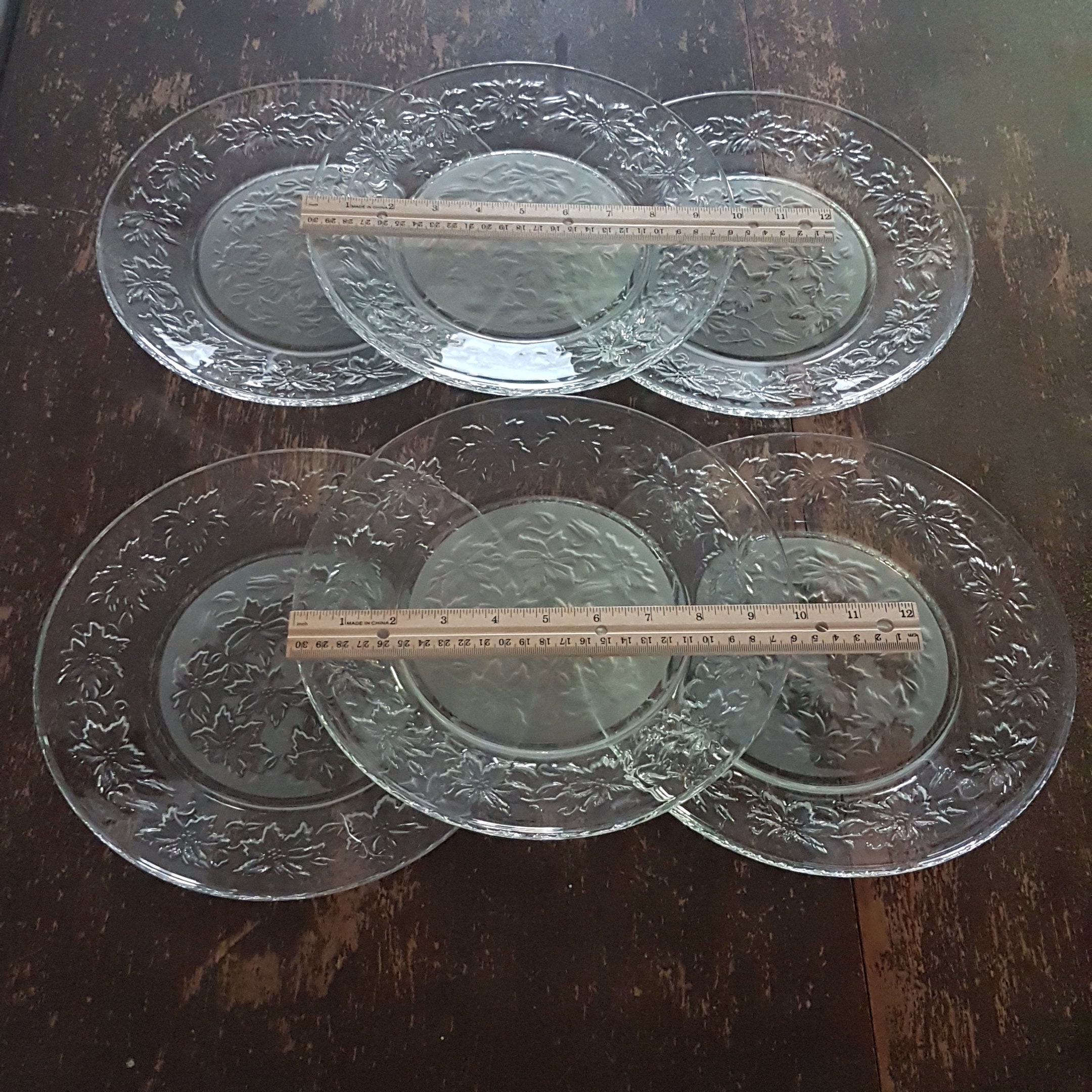 Princess House FANTASIA 10 Dinner Plate Set of 6, Clear & Frosted Glass, Floral Poinsettia
