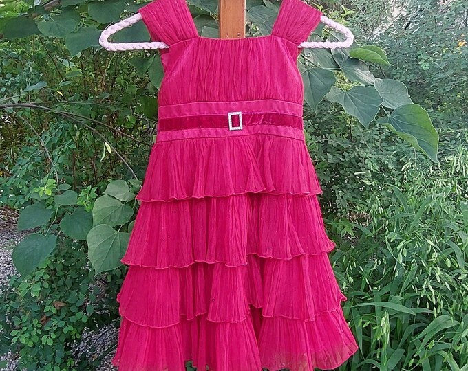 Vintage Girls Pink Formal Dress, Size 6, Tulle with Sparkles, Tie Back Bow, Buttons, FREE Shipping