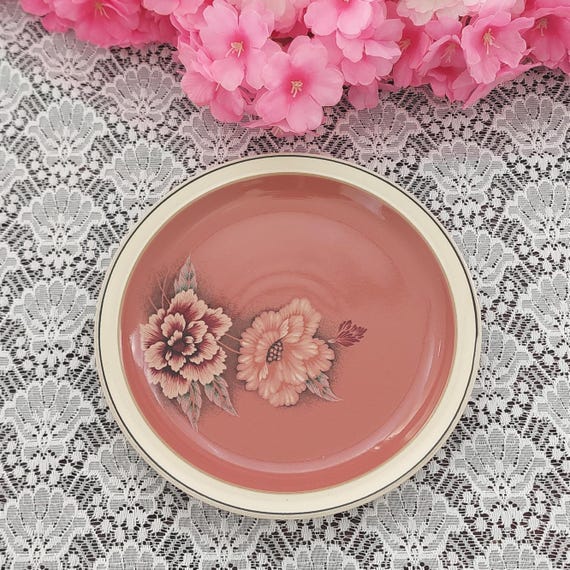 Vintage Denby Damask Pink Floral Stoneware Salad Plates 4pc Set English Cottage Farmhouse Dinnerware