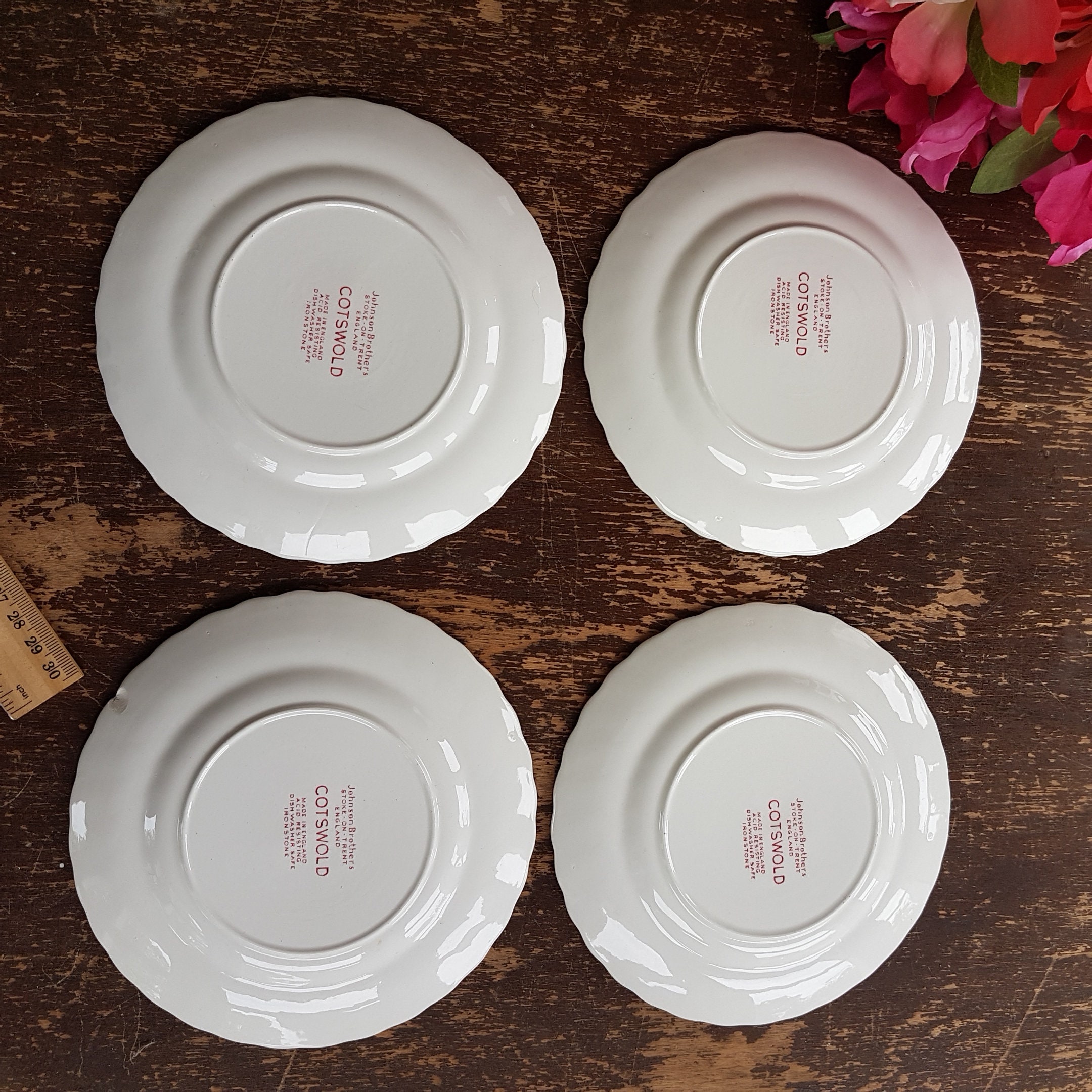Vintage Johnson Brothers COTSWOLD Pink Red Transferware, 6.25 Ironstone Plates, Set of 4
