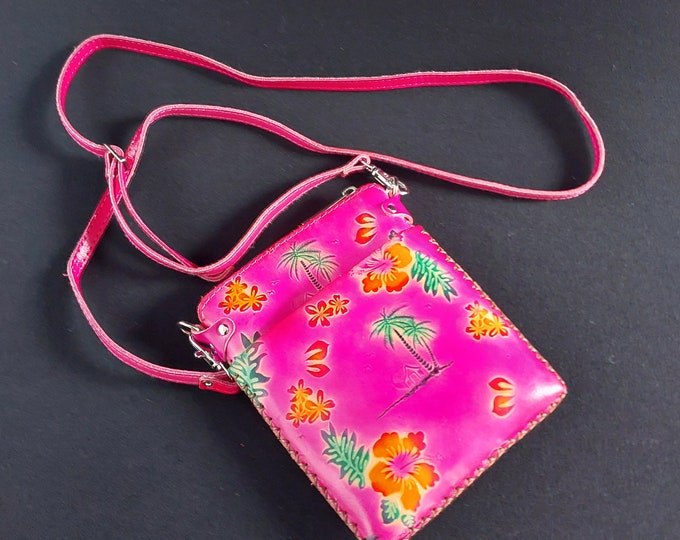 Handmade Pink Leather Small Crossbody Bag, Hawaii Souvenir Purse