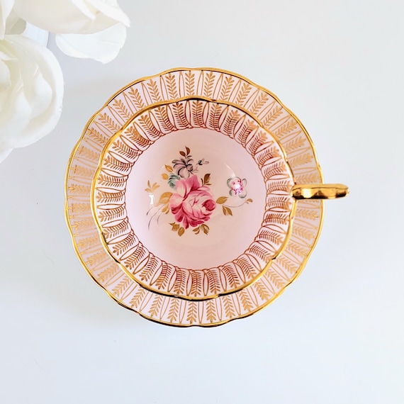 Vintage Royal Stafford Pink Cabbage Rose Teacup and Saucer Heavy Gold Gilt England