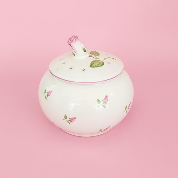 Vintage Teleflora Rosebud Potpourri Jar with Lid, Pink Ceramic Portugal Home Fragrance Holder