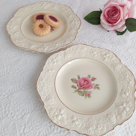 Crown Ducal Florentine Rose Marie Pink Cottagecore 9inch Luncheon Plates Vintage Shabby Chic Tableware
