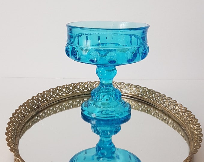 Blue Glass Footed Pedestal Bowl, Vintage Indiana Glass, King's Crown, Blue Compote Bowl, Thumbprint Glass