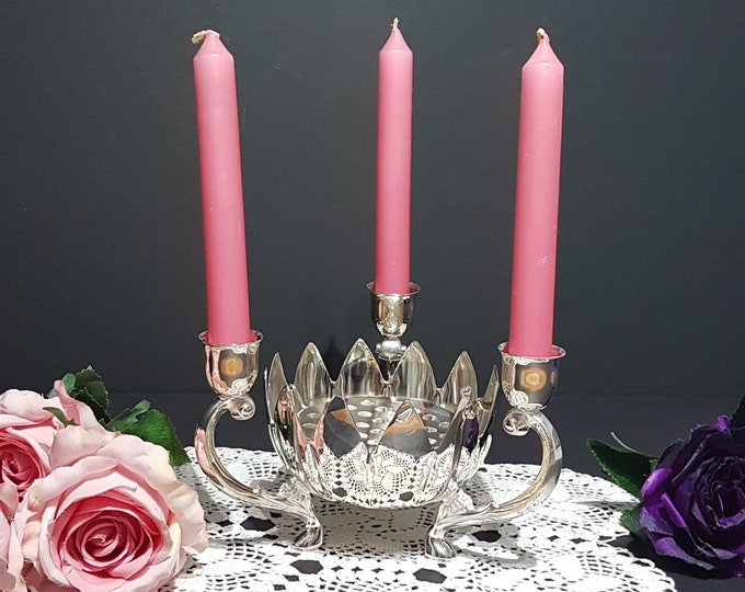 Vintage Lotus Flower 3 Taper Candlestick with Flower Frog, Silver Plated Flower Arranger with Candle Holders, Wedding Table Centerpiece