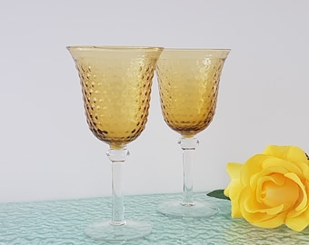 Vintage Amber Flared Hobnail Wine Glasses with Clear Stem, Set of 2