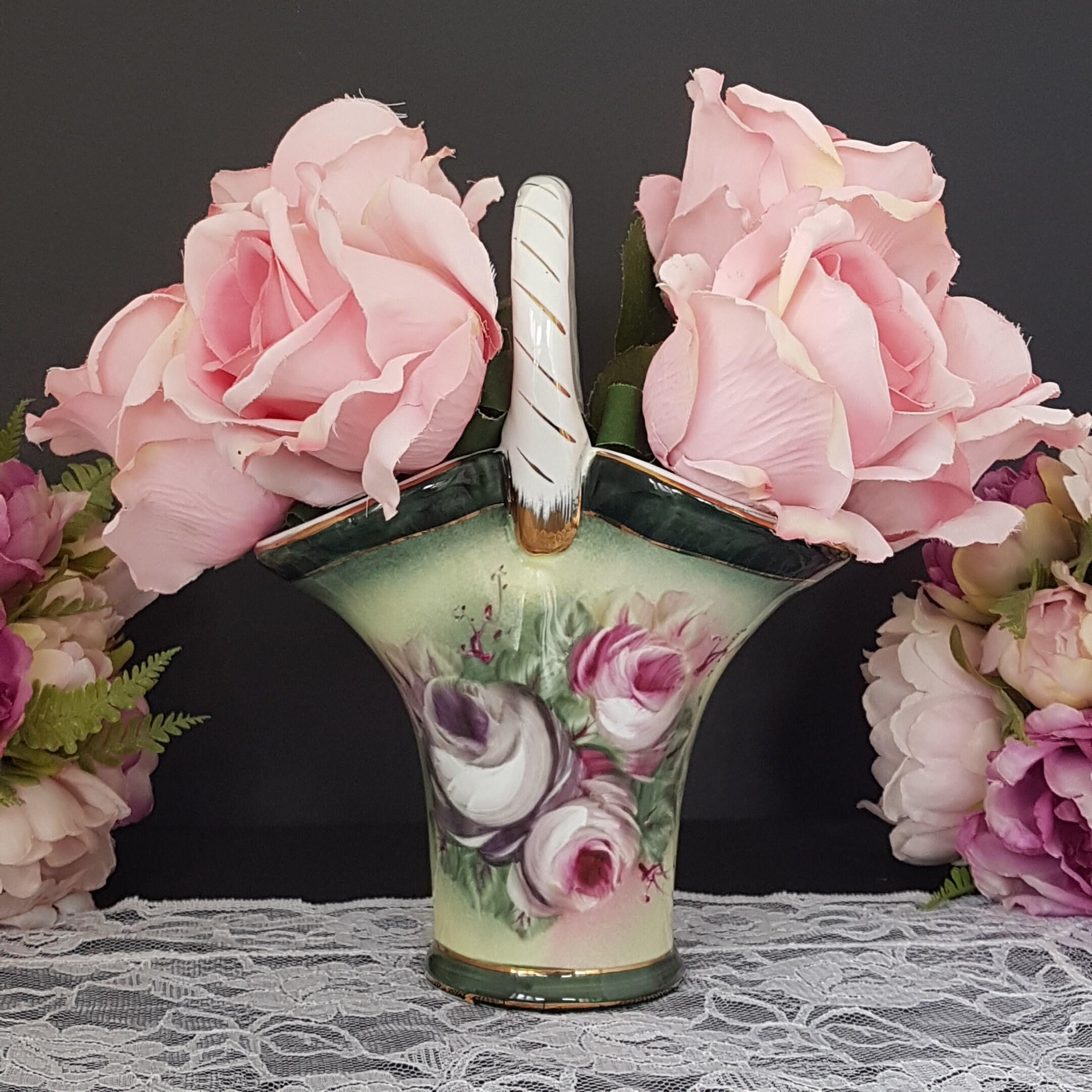 Brides Basket Vase, Vintage Victoria Ware, Ceramic Flower Vase