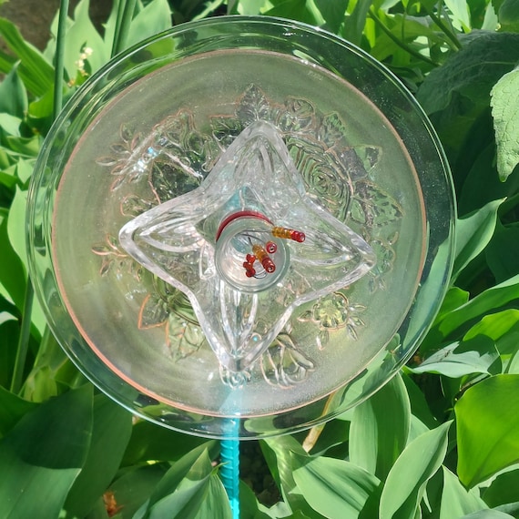 Handmade Pink Glass Garden Flower Stake Vintage Upcycled Yard Art Outdoor Garden Decor Gift