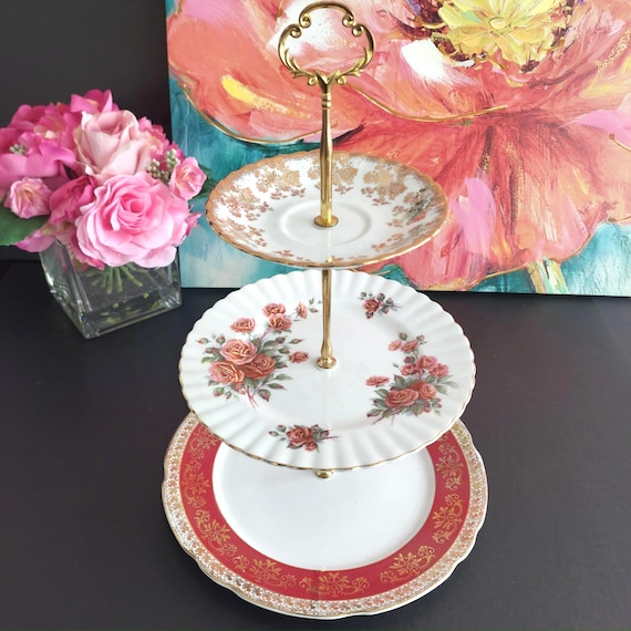 Vintage 3 Tier Bone China Cake Stand - Mismatched Floral Plates Wedding Dessert Display