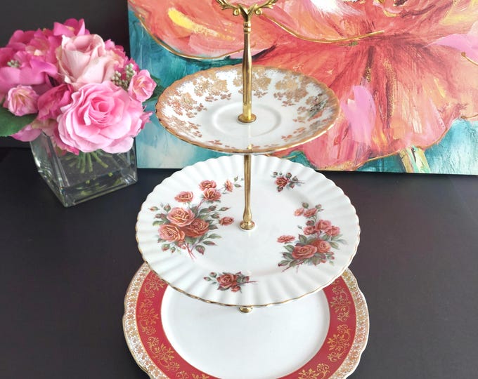 Vintage 3 Tier Bone China Cake Stand - Mismatched Floral Plates Wedding Dessert Display