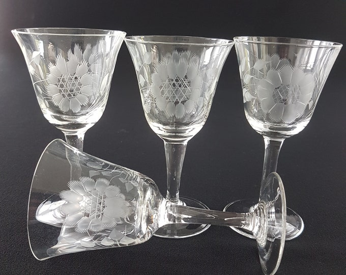 Hughes Cornflower Crystal Liqueur Glasses, 3oz Optic, Etched 12 Petal Cornflower, Set of 4