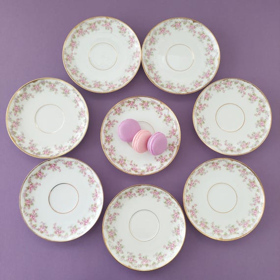 Antique Limoges France Elite Works Pink Rose Saucers Set of 8 Small Dessert Plates