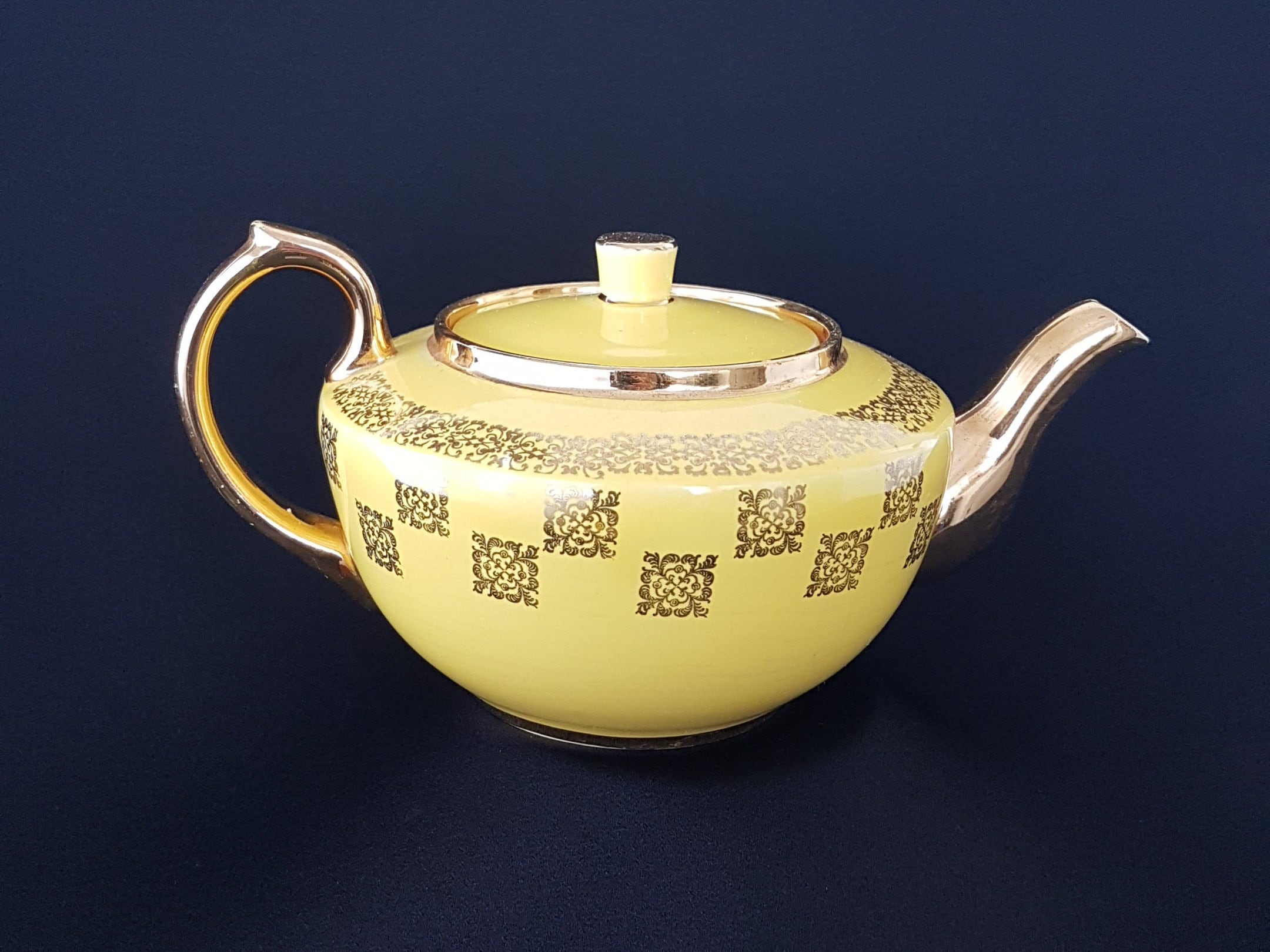 Vintage Teapot by Sudlows Burslem England, Yellow Tea Pot with Gold