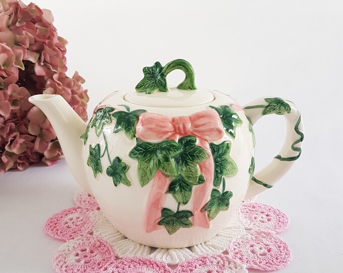 Vintage Hand Painted Ceramic Teapot by Otagiri Japan, Majolica Pottery of Raised Ivy Leaves with Pink Ribbon