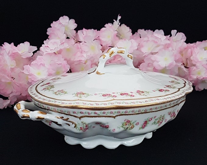 Antique French Limoges Porcelain Covered Serving Dish,  Pink Roses, Coronet, BM de M, Malaveix, Mandavy Balleroy Limoges