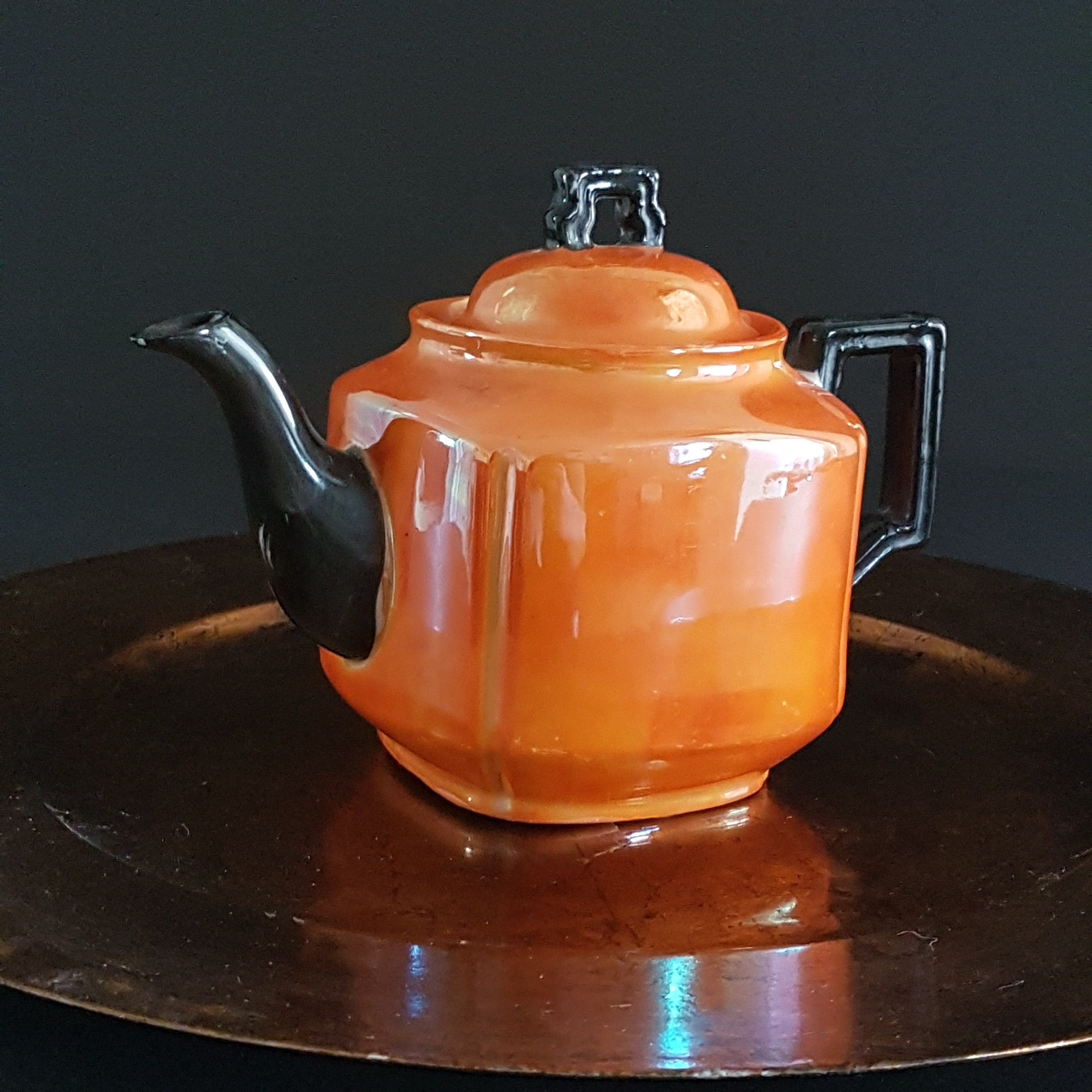 3 Cup Vintage Orange Luster Ware Teapot with Black Spout, Black Handles