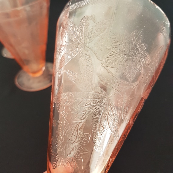 Jeannette Glass POINSETTIA Footed Tumblers, Pink Depression Glass, 1930s
