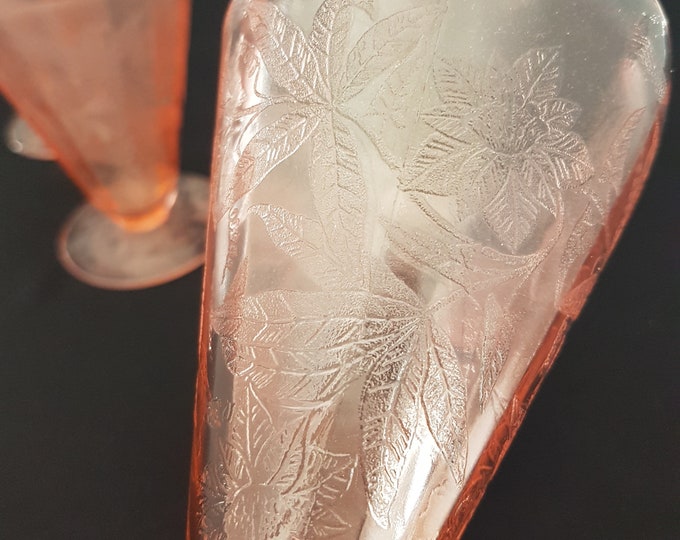 Jeannette Glass POINSETTIA Footed Tumblers, Pink Depression Glass, 1930s